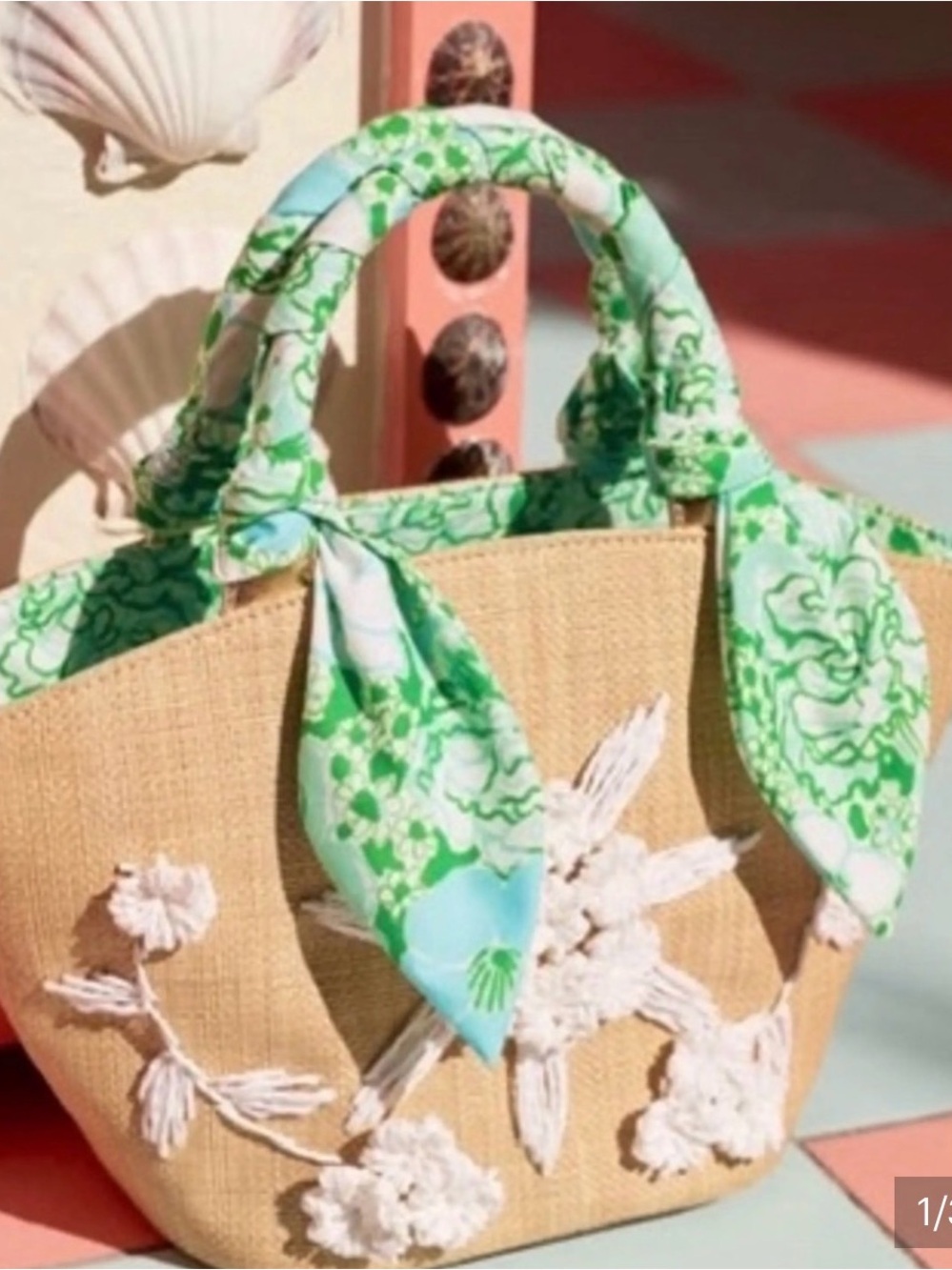Lilly Pulitzer Straw Tote with Mint Green Floral Scarf Handles